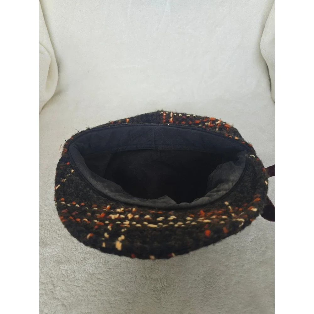 H&M Brown Orange Knit Cloche Bucket Hat Velvet Bow Vintage Style Womens SM 56cm